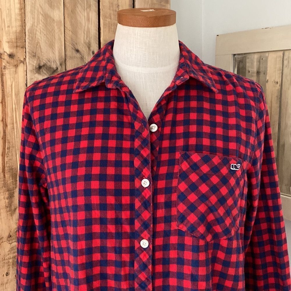 Vineyard Vines Holiday Red & Navy Gingham Button Down Long sleeve Flannel Size 6